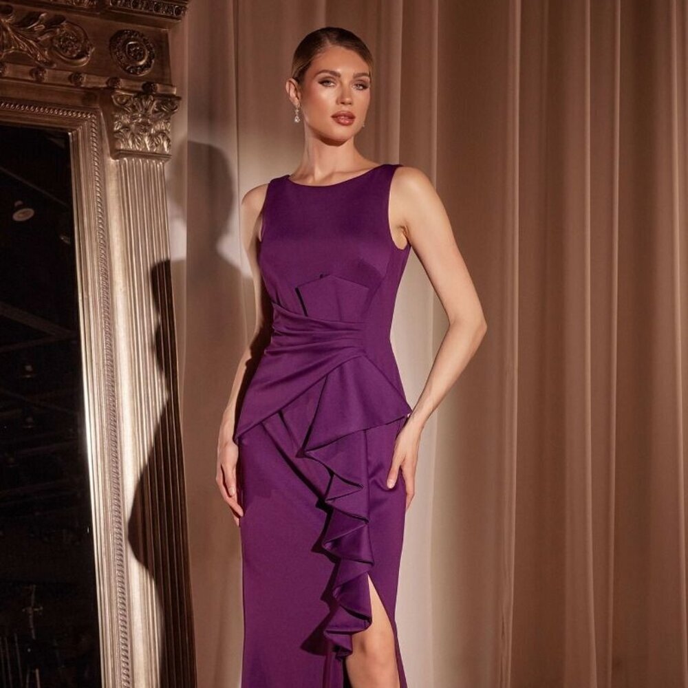 NEW FORMAL SLEEVELESS SHEATH SOLID DRESS W/ BOAT NECK & RUFFLE DETAILS CD CH377